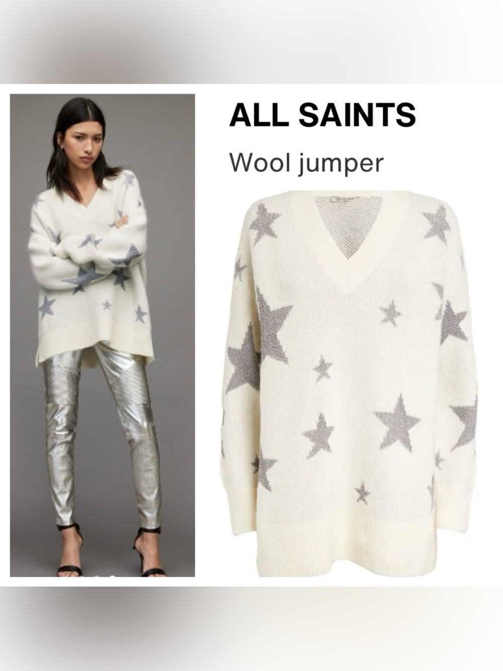 ALLSAINTS  Women’s Winter White & Silver Star V-Neck Wool Sweater